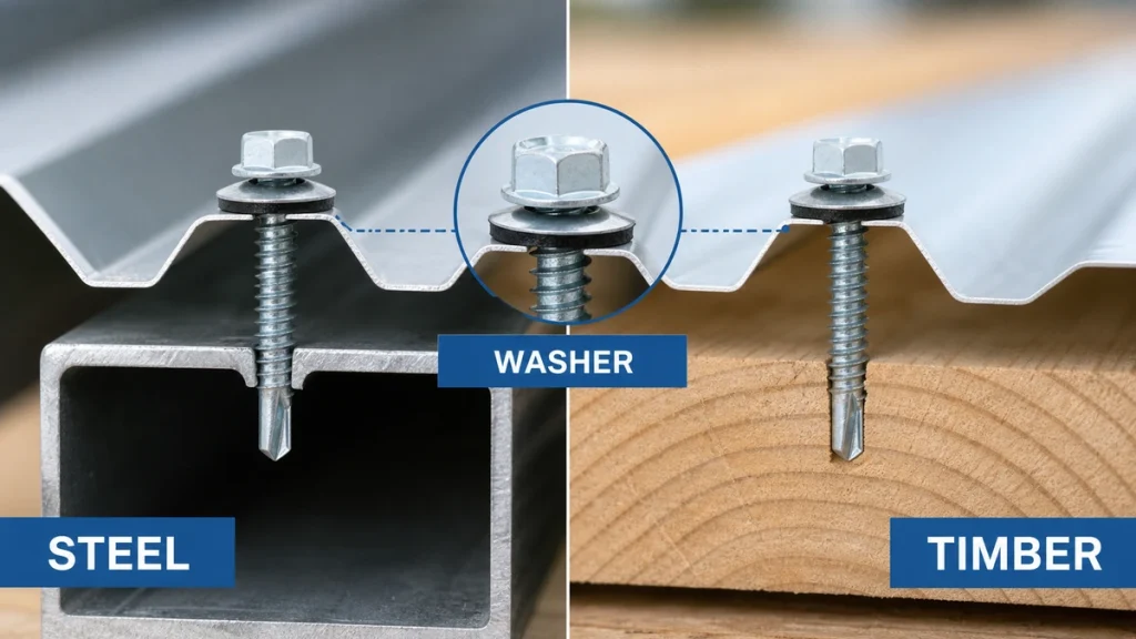 Which Self-Tapping Roofing Screw Specification Fits Metal Panels on Steel or Timber?